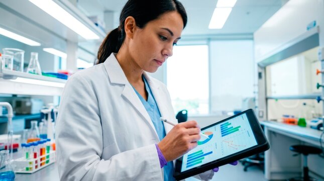 Laboratory scientist using a digital tablet to review research data, document results, and manage medical samples during laboratory work.