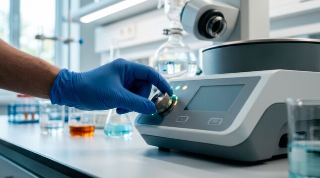 Laboratory technician adjusting a benchtop analyzer with a control knob to calibrate settings before precise medical sample testing.