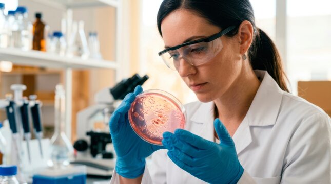 Medical scientist examining a cell culture in a Petri dish to evaluate microbial growth and identify changes during laboratory research.