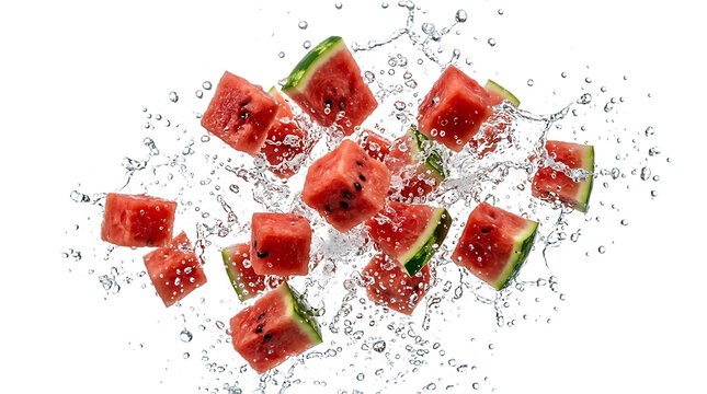 Fresh watermelon cubes splashing in water, red fruit pieces with liquid droplets on white background, juicy summer snack explosion