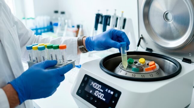 Researcher placing balanced sample tubes into a laboratory centrifuge for controlled separation and preparation before diagnostic analysis.
