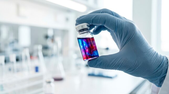 Laboratory technician holding a glass vial containing a colored medical sample for visual inspection and quality analysis during research.