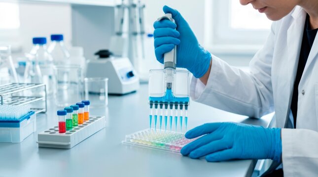 Laboratory worker using a multichannel pipette to transfer colored reagents into a microplate for biomedical testing and sample analysis.