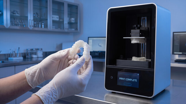 3D printer makes dental jaw model in lab while a technician in white gloves holds the finished resin prototype.