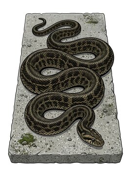 Coiled patterned snake resting on a grey stone slab