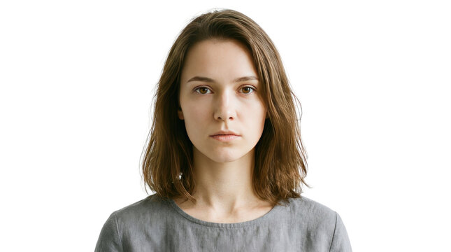 Minimalist studio portrait of young woman, neutral expression headshot on white background, natural light fashion photo
