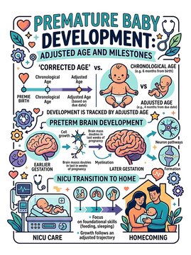 Premature baby development infographic with milestones and nicu care