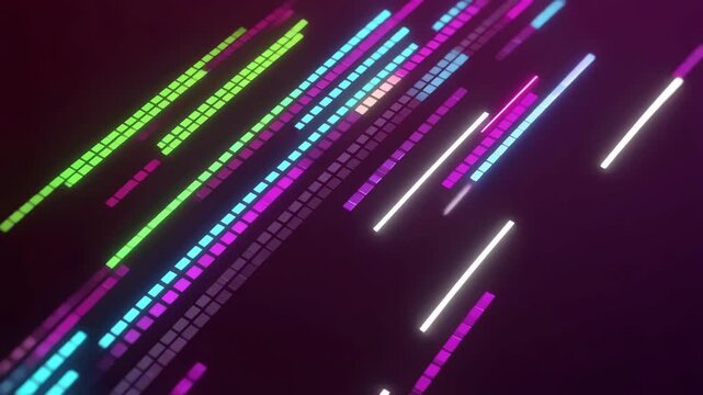 Digital data streams represented by glowing dashed neon lines in cyan, green, and magenta flow diagonally across a dark violet background to simulate high-speed information transmission.