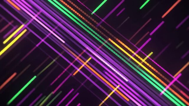 Neon light trails in vibrant purple, green, and orange hues cross paths diagonally across a dark backdrop to create a dynamic abstract digital grid suitable for modern technology concepts.