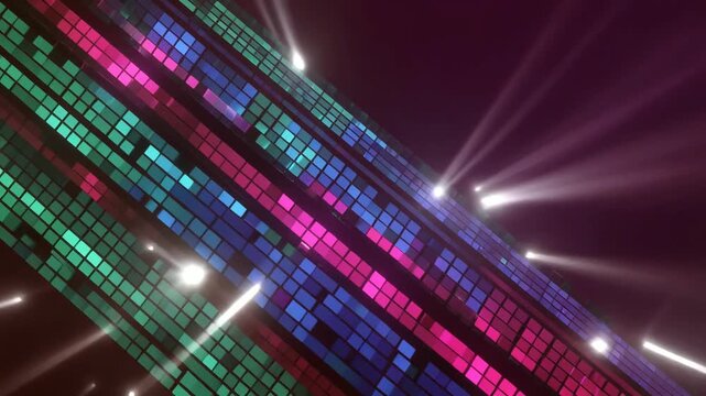 Pixelated light panels in neon shades of pink, green, and blue project bright glowing beams diagonally across a dark backdrop to create a vibrant digital atmosphere.