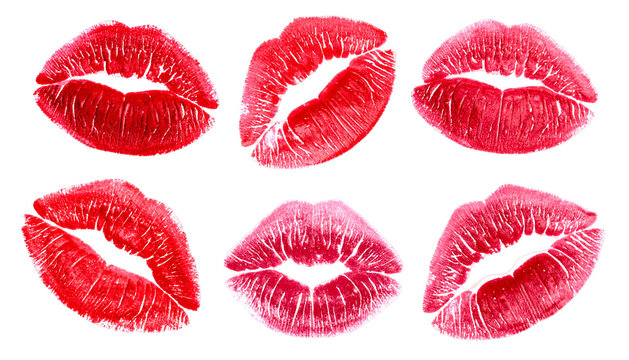 Six crimson and rosy lip prints are arranged in two rows against a stark black background