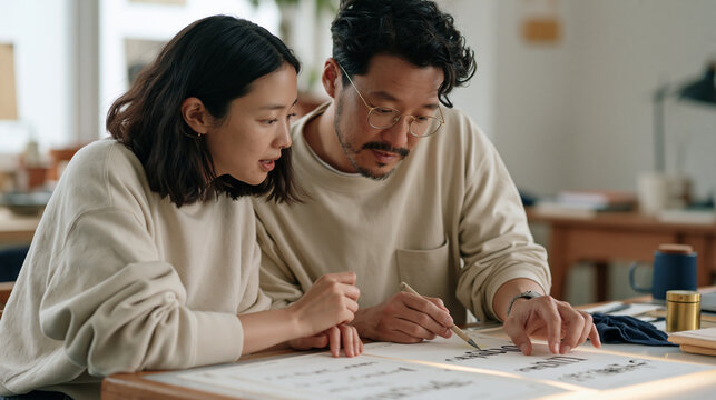 Two typography designers sit close together in early morning studio mist reviewing large printed letterform sheets, couple collaboration in design career, font kerning discussion,
