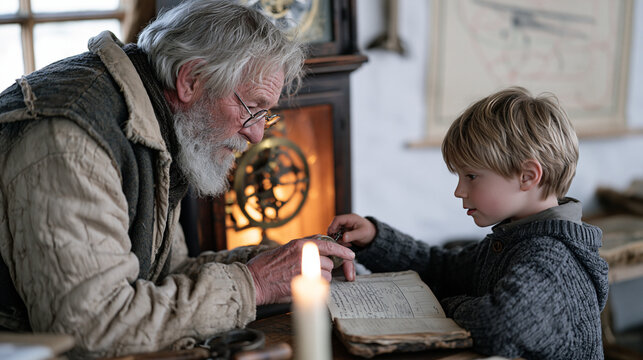 Irish clock winder grandfather demonstrating antique pendulum adjustment to young grandchild by candlelight, grandfather clock mechanism exposed in warm amber glow, crop duster
