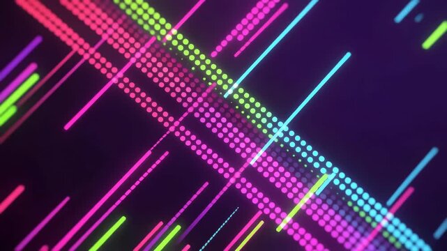 Digital matrix patterns featuring glowing dotted stripes and bright neon rays intersect to form a complex cyberspace network visualization for innovative concepts.