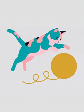 Playful colorful cat jumping towards a yellow ball of yarn