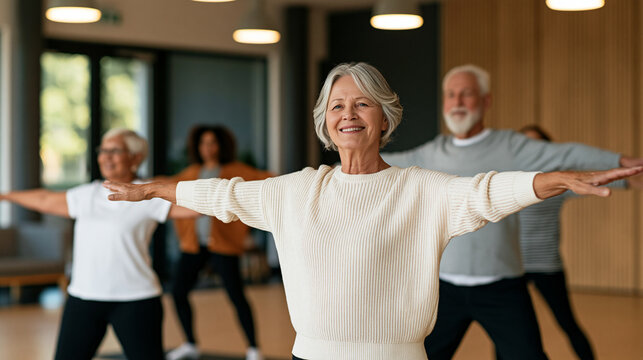 Diverse group of older adults participating in a friendly low-impact fitness class indoors, gentle stretching and mobility exercises, arthritis-friendly workout, joint health,