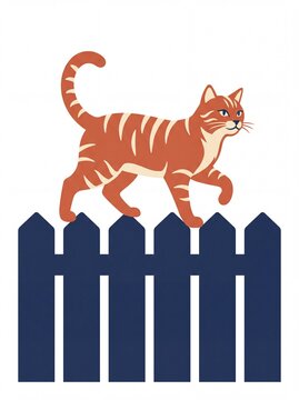 Ginger tabby cat walking on a dark blue fence