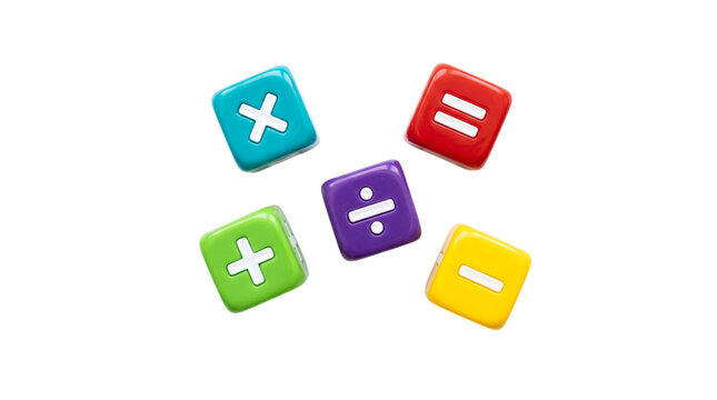 Colorful mathematical symbols addition subtraction multiplication division equal isolated on transparent background