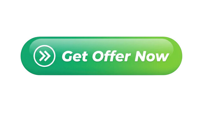 Green glossy button with get offer now text and arrow icon isolated on transparent background