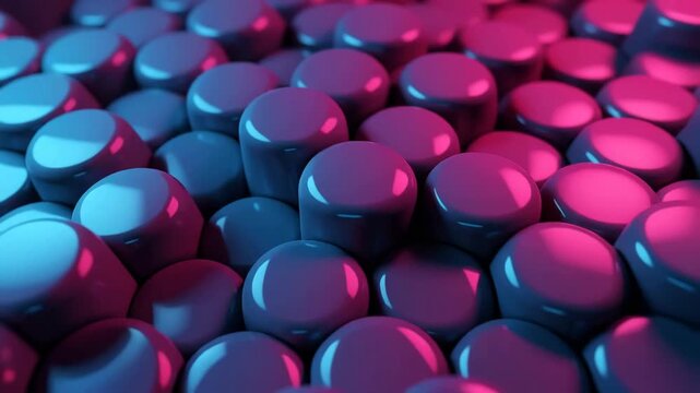 Glossy round cylinders packed closely together reflect neon teal and magenta light in a modern three-dimensional pattern suitable for creative backdrops.