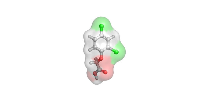 2,4-D (2,4-Dichlorophenoxyacetic acid), systemic synthetic auxin herbicide and agricultural chemical widely used for broadleaf weed control, 3D molecule 4K