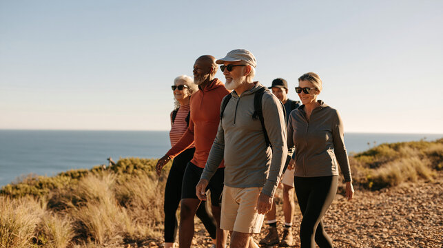 Diverse group of active seniors walking together along a scenic coastal trail, healthy aging, retirement freedom, outdoor fitness, senior wellness, hiking, friendship, longevity,