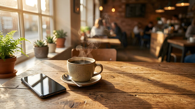 カフェのテーブルに置かれたスマートフォンと湯気の立つ温かいコーヒー