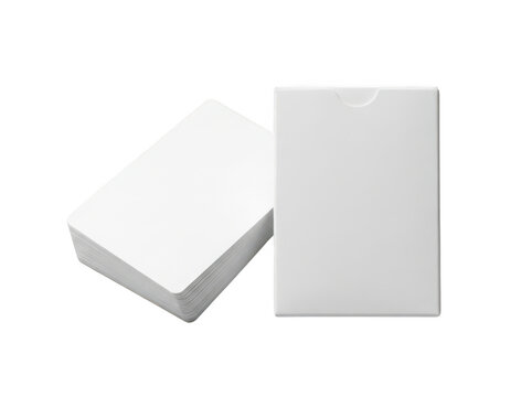 A deck of blank white playing cards with a matching box isolated on transparent background