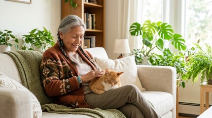 Plakat Elderly woman with gray hair petting her orange cat while relaxing on a couch