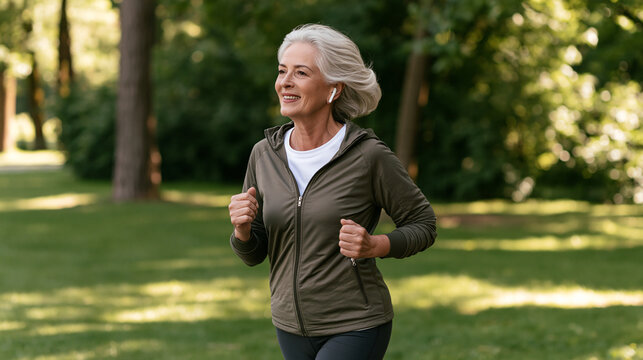Smiling senior woman with silver hair jogging through a lush green park in modern sportswear, active older adult, healthy aging, cardiovascular fitness, outdoor exercise,
