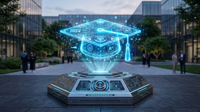 Holographic graduation cap floating above a futuristic technological pedestal at a modern university campus