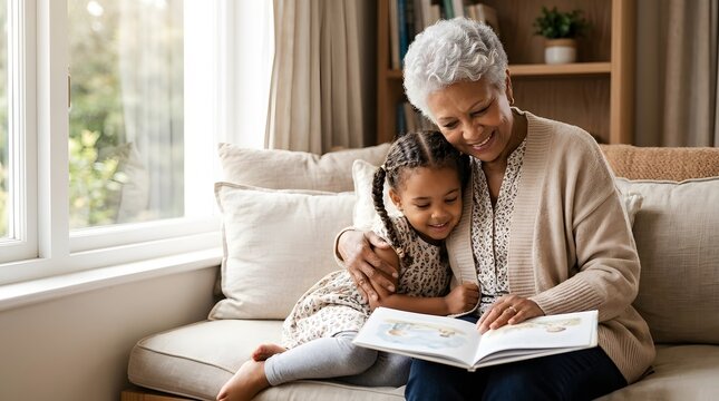 Grandmother, child and reading book at home for learning, education and family bond. Senior woman, granddaughter and hugging on sofa with literature, story time and development for child growth
