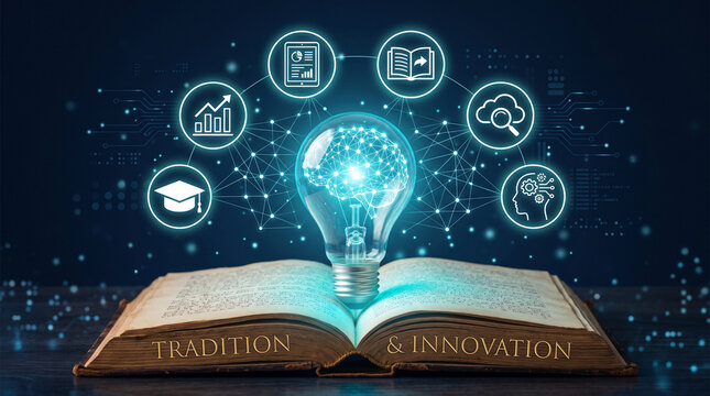 Concept of tradition and innovation with a glowing light bulb brain above an open book and digital icons