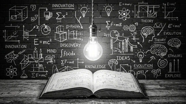 Open book on wooden table with glowing light bulb and scientific formulas on dark brick wall background
