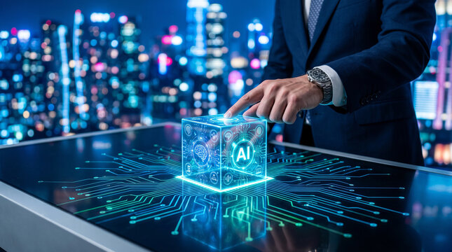 Businessman interacting with a glowing digital ai cube interface representing artificial intelligence and advanced technology