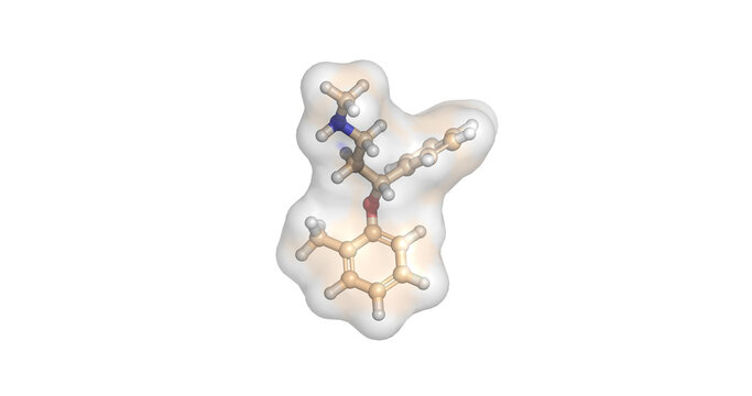 Atomoxetine (Strattera), selective norepinephrine reuptake inhibitor (SNRI) used as a non-stimulant medication for attention deficit hyperactivity disorder (ADHD), 3D molecule 4K