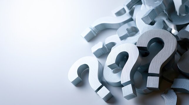 Pile of shiny metallic question marks with soft lighting