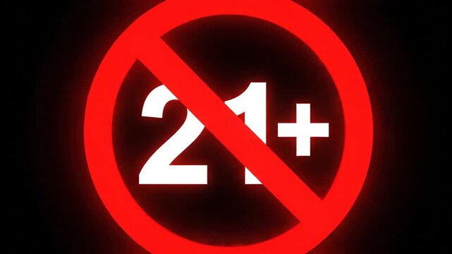 Red neon 21 plus age restriction symbol on black background