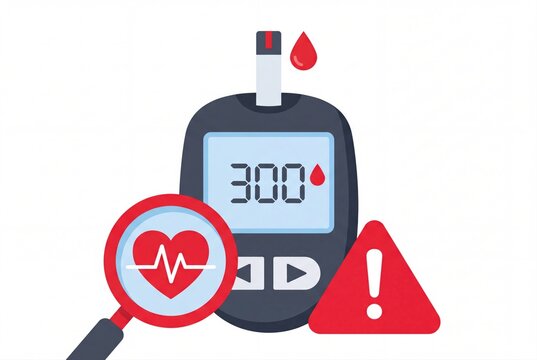 High blood sugar glucose meter reading with heart health warning icon