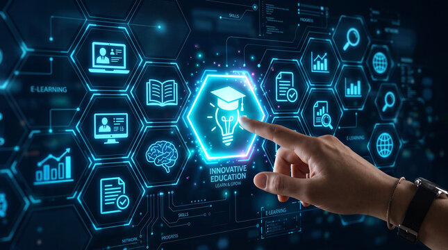Hand touching digital interface with innovative education icons for online learning and skill development concept
