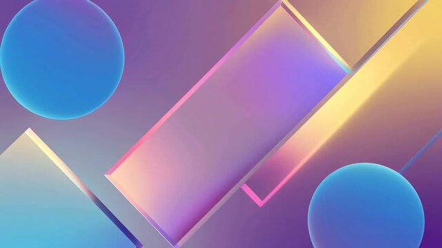 Geometric background with vibrant gradient pastel shapes, including floating spheres and tilted rectangular glass planes, creates a modern abstract backdrop for digital creative projects.