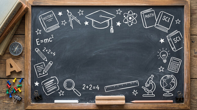 School supplies and educational icons drawn with chalk on a blackboard background with copy space
