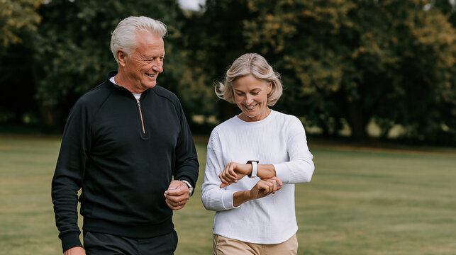 Active senior couple walking through a park while checking a fitness smartwatch, wearable health technology, active aging, senior fitness, health tracking, cardiovascular