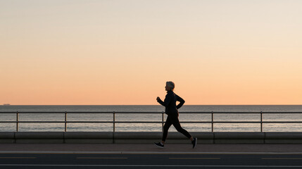 Fototapeta premium Active senior woman jogging and walking along a scenic coastal boardwalk during sunset, healthy aging, active retirement, outdoor cardio, fitness lifestyle, longevity, wellness