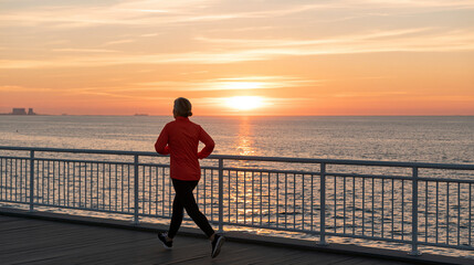 Fototapeta premium Active senior woman jogging and walking along a scenic coastal boardwalk during sunset, healthy aging, active retirement, outdoor cardio, fitness lifestyle, longevity, wellness