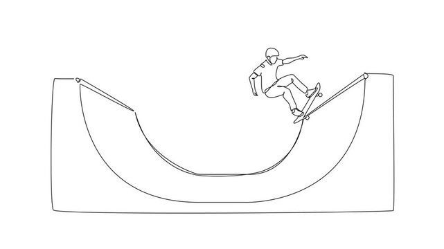 animated continuous line drawing of skateboarder performing trick in halfpipe, line art animation