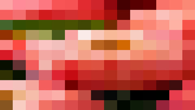 Vibrant pixelated geometric mosaic abstract background with warm red pink and subtle green rectangular grid block patterns perfect for modern digital wallpaper design and creative media projects.