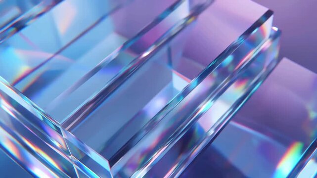 Transparent glass prisms reflect colorful rainbow light dispersion across layered geometric steps in an abstract modern background image for creative projects.