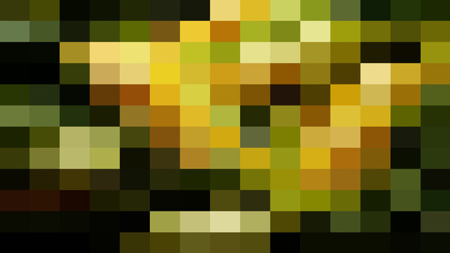 Vibrant digital mosaic grid background featuring bright yellow, olive green, and dark pixelated blocks arranged in an abstract geometric composition for creative web design and retro game themes.