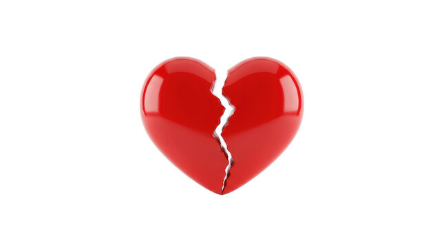 Broken red heart with crack, 3D glossy love symbol isolated on white, heartbreak concept for divorce and loss